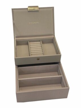 RARE Stackers Jewelry Storage Box 4-Section Classic Tray & Mini Lidded Box Taupe